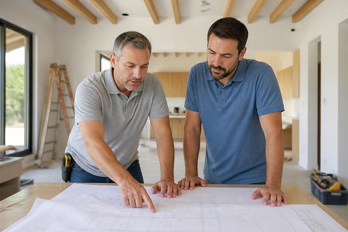 Prosper Industries specialists reviewing reconstruction plans with a homeowner