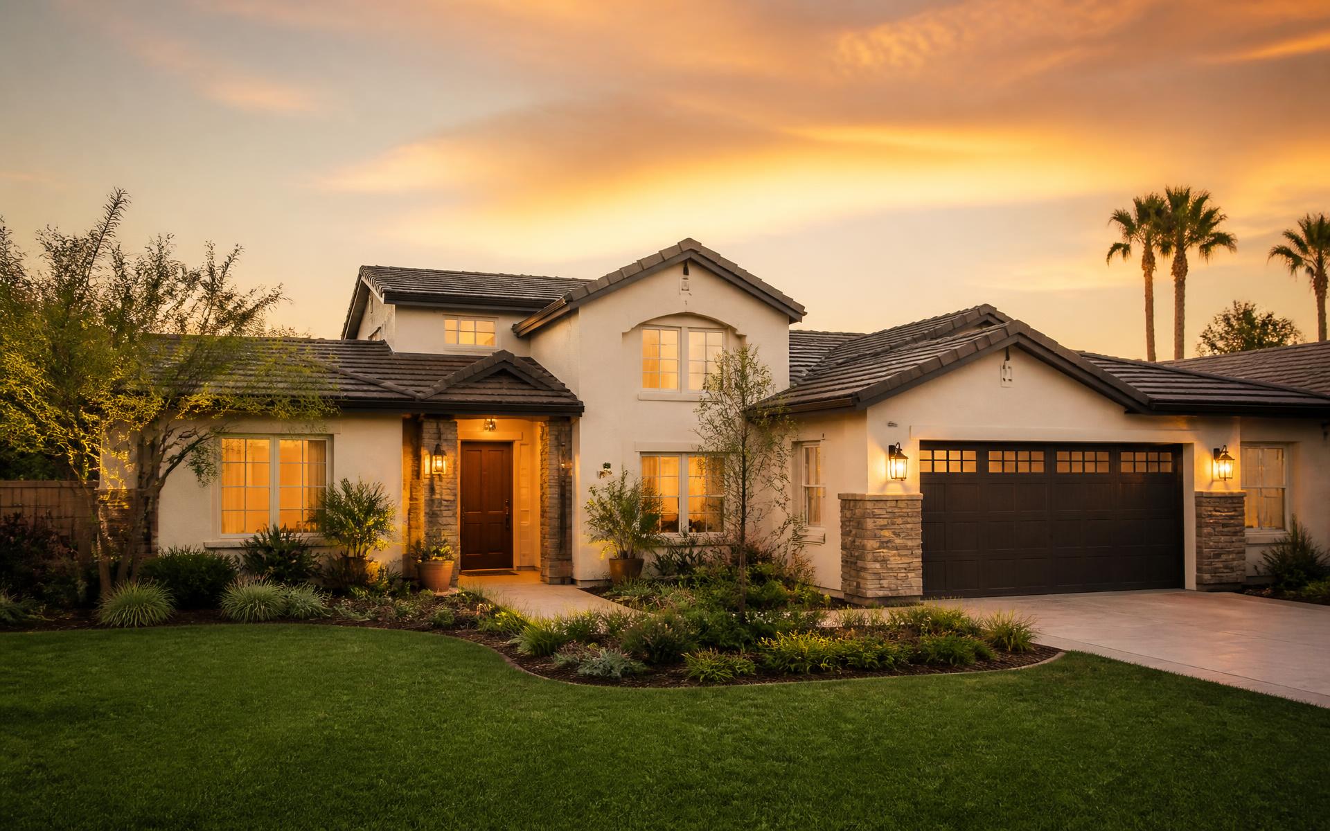 Restored Temecula-area family home lit at dusk